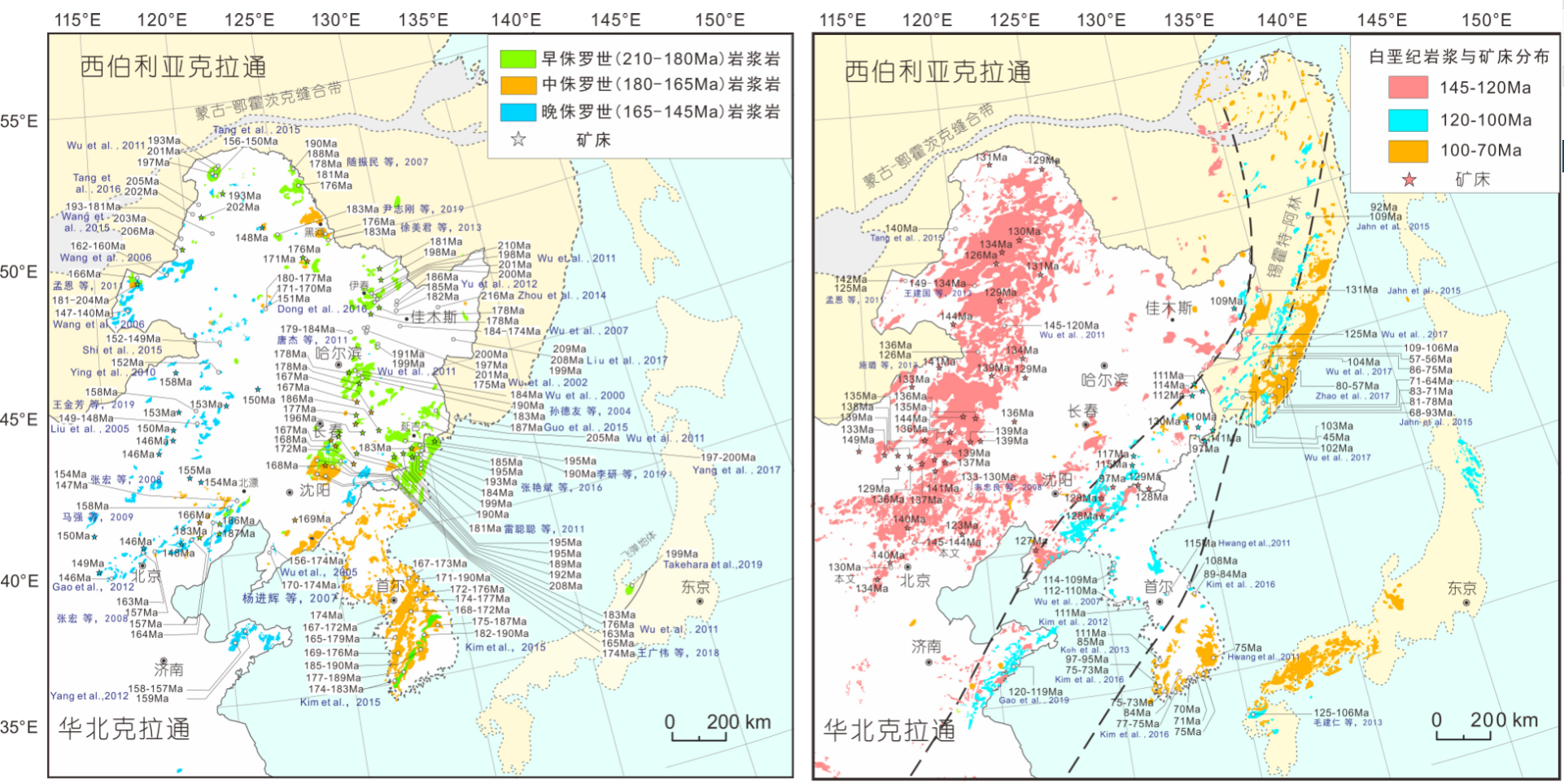 燕山期东北亚构造-岩浆-矿产时空分布图