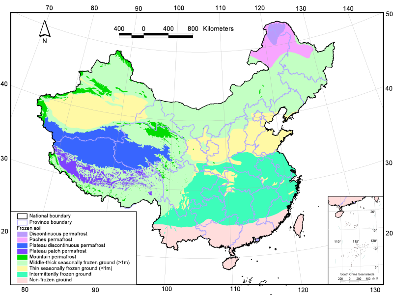 Map of 1:10000 000 permafrost types in China (2008)