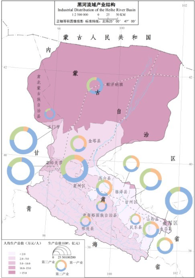 黑河流域生态水文综合地图集：黑河流域产业结构图