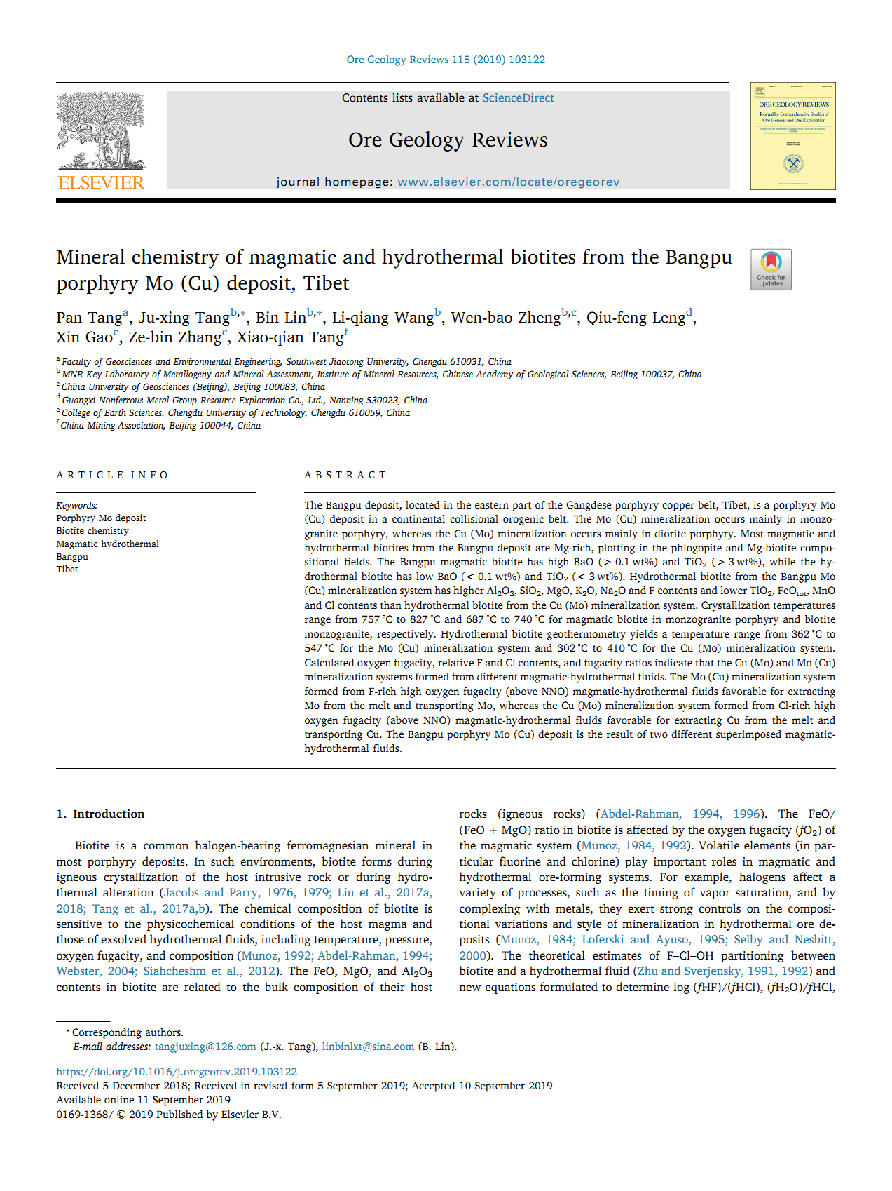 Geochemical characteristics of magmatic biotite and hydrothermal biotite in Bangpu deposit (2018-2022)