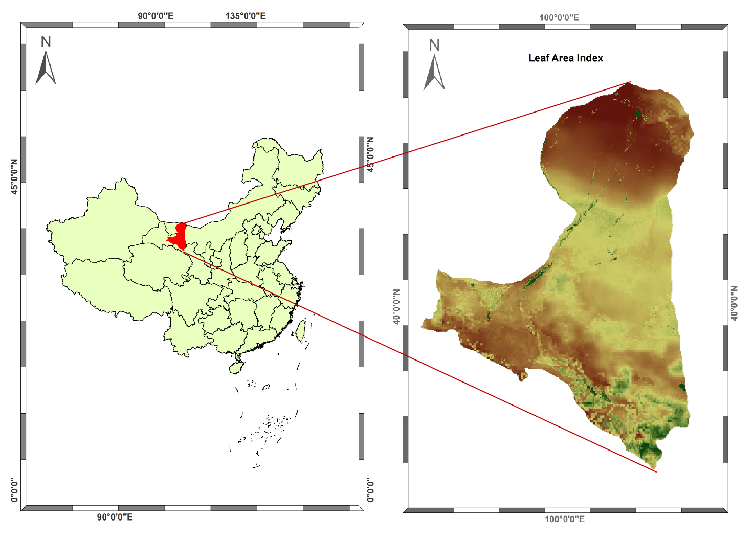 Modeling results of leaf area index in the middle and lower Heihe River Basin at the north of Qilian Mountains (2001-2015)