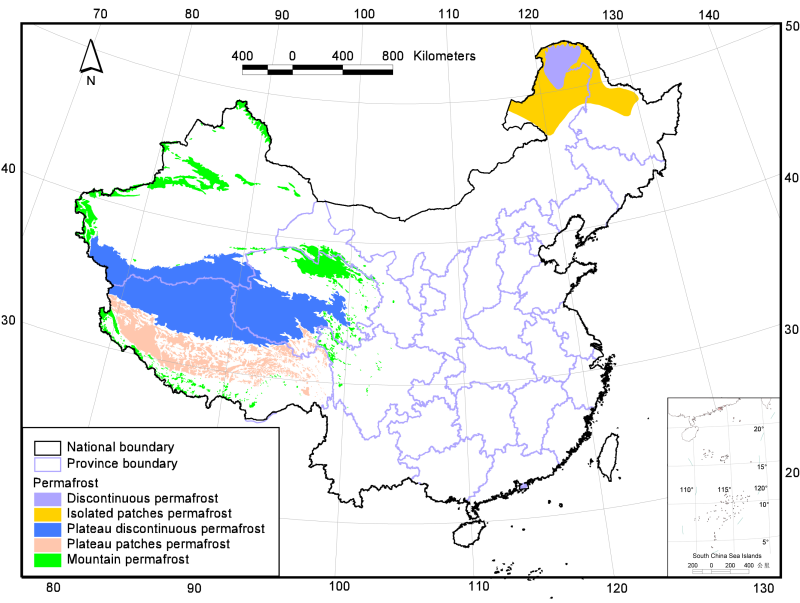 Frozen ground map of China based on a Map of the Glaciers, Frozen Ground and Deserts in China (1981-2006)