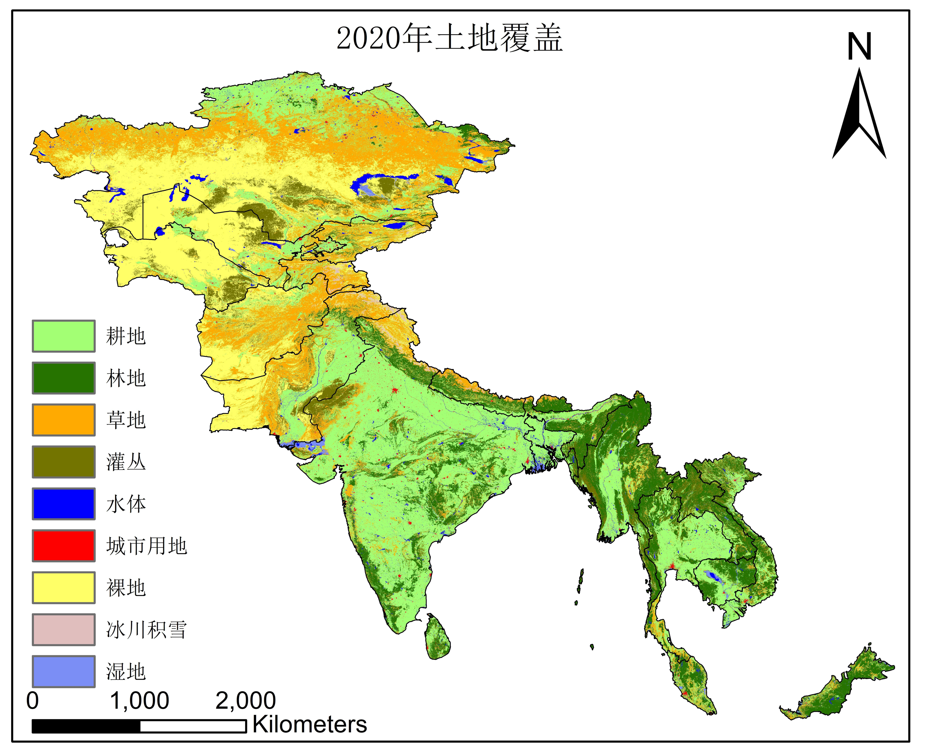 中亚，南亚和中南半岛土地覆被变化（1992-2020）