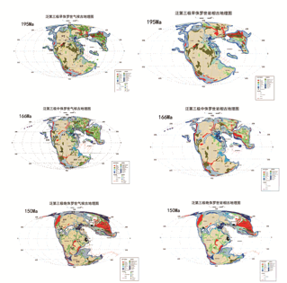 泛第三极侏罗纪气候、岩相古地理图（195Ma、166Ma、150Ma）