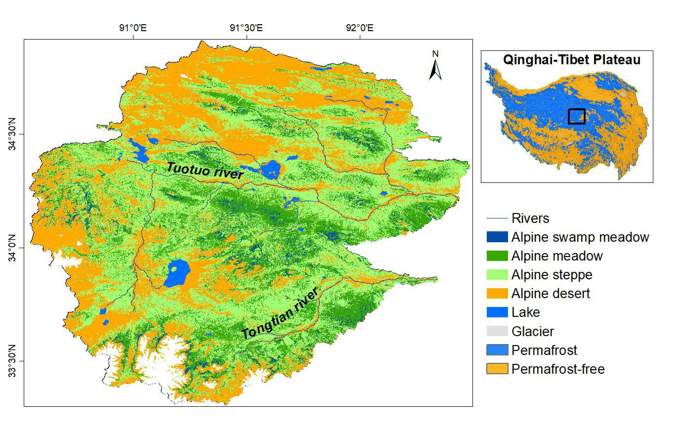 Vegetation type map in the source area of Tuotuo River
