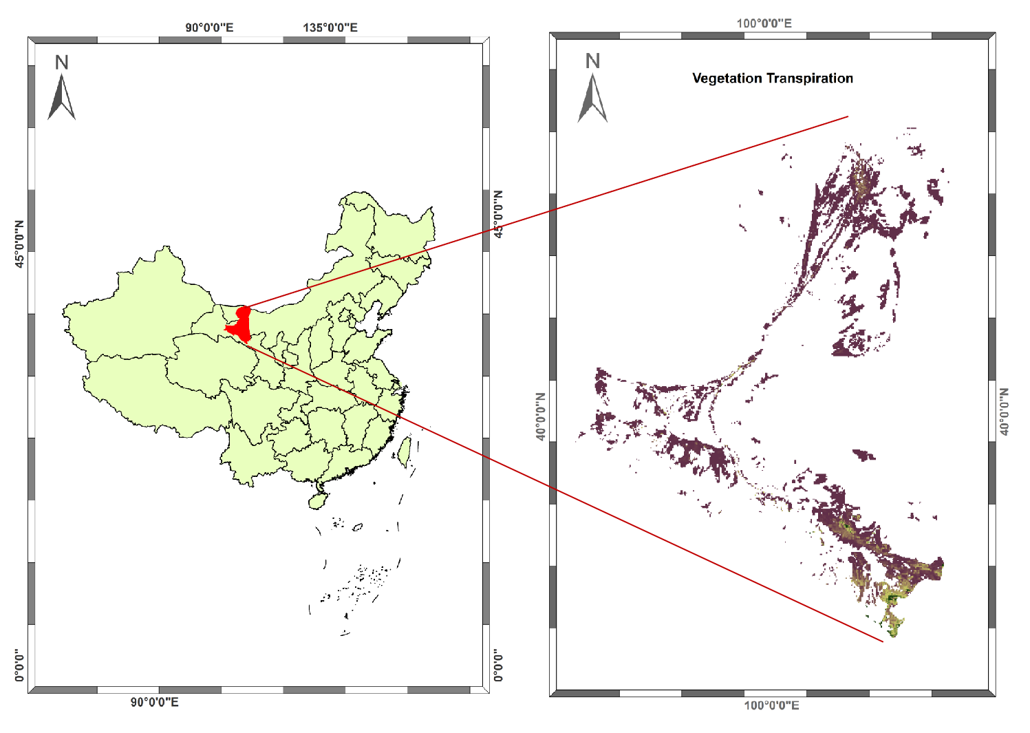 Modeling results of vegetation transpiration in the middle and lower Heihe River Basin at the north of Qilian Mountains (2001-2015)