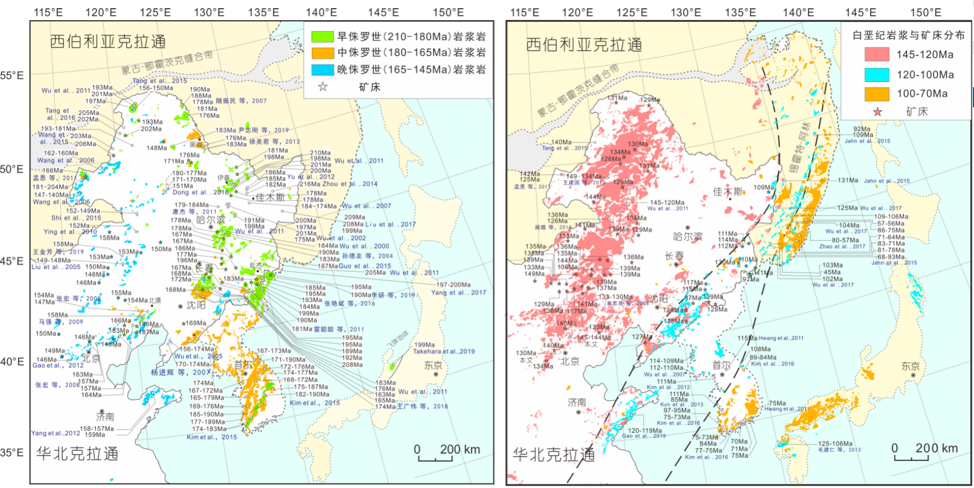 Temporal and spatial distribution map of Yanshanian tectonic-magmatic-deposits in Northeast Asia