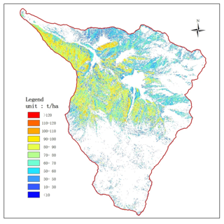 Spatial distribution of forest biomass 1m resolution in Tianlaochi watershed (1961-2010)