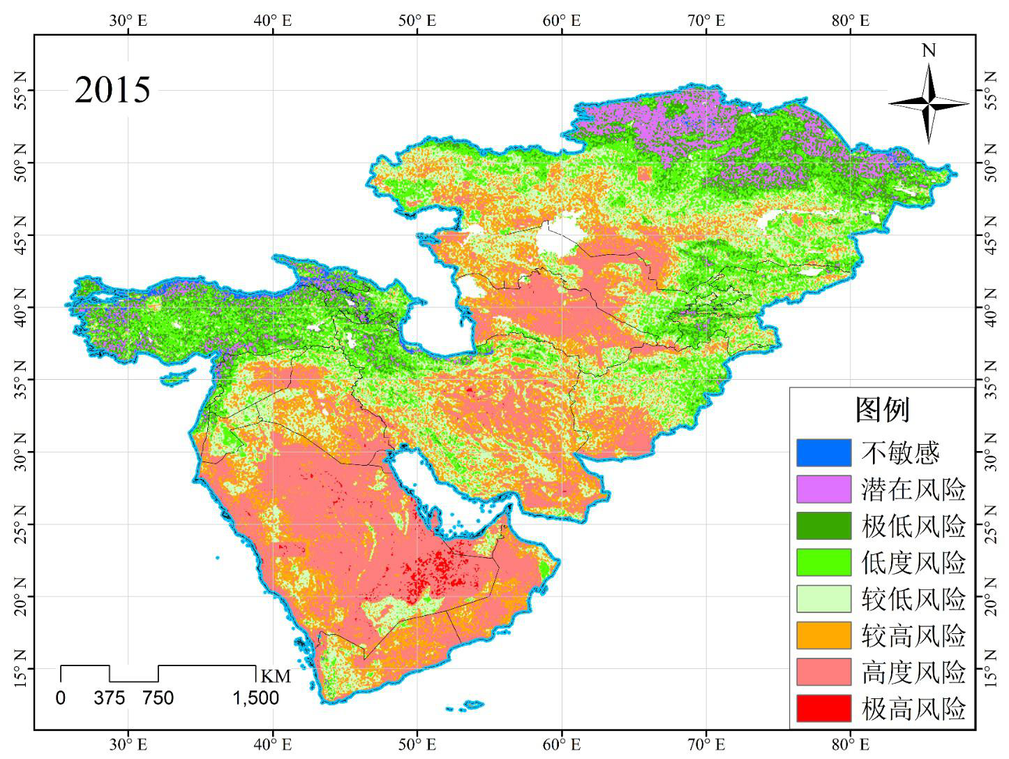 The desertification risk map in Central-Western Asia (2015)
