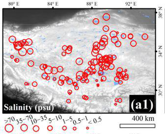 Spatial distribution of measured salinity of lakes on TP