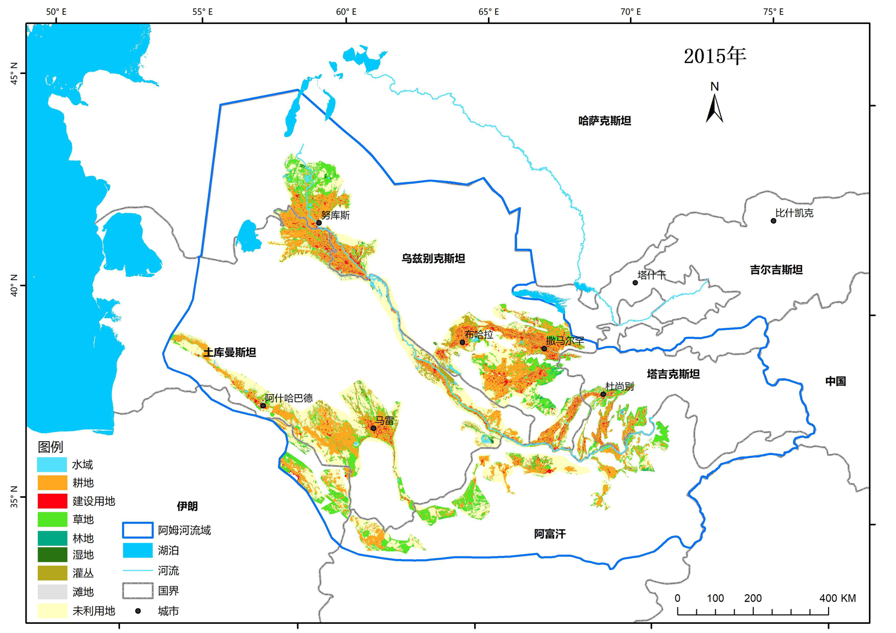 阿姆河流域人工绿洲演变格局图（1990-2018年）