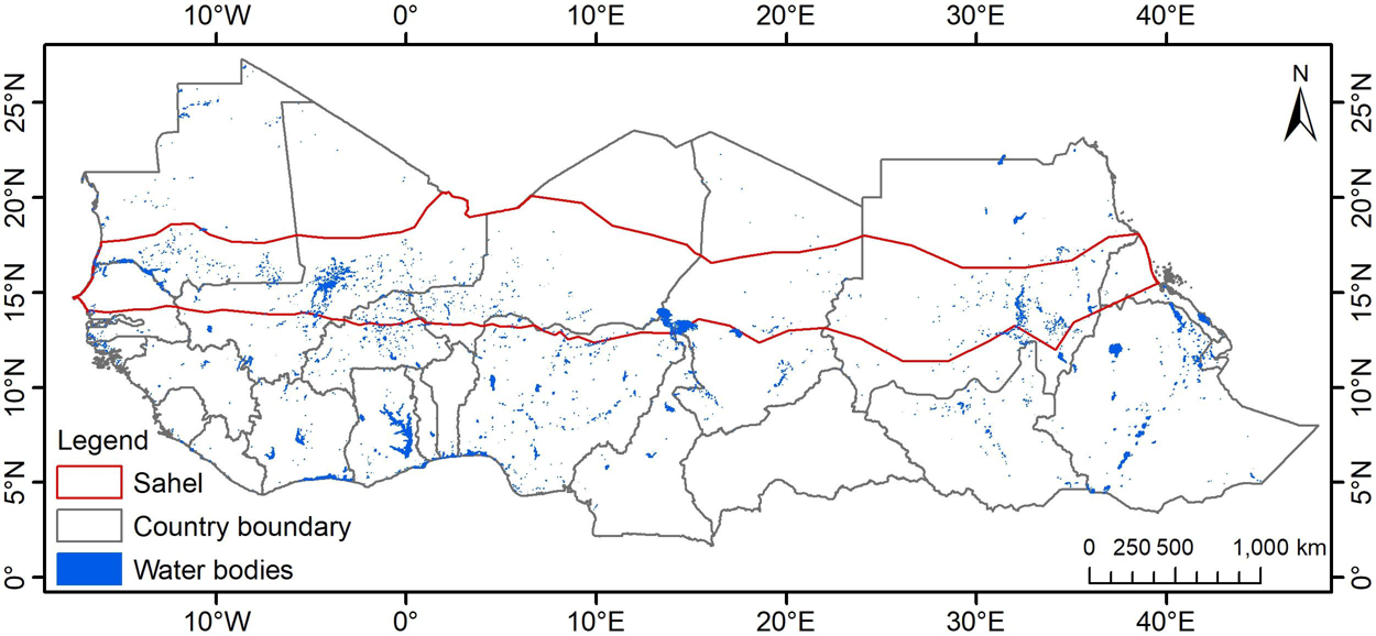 Surface water body extent and area dataset in the Sahel-Sudano-Guinean region of Africa (2000-2020)