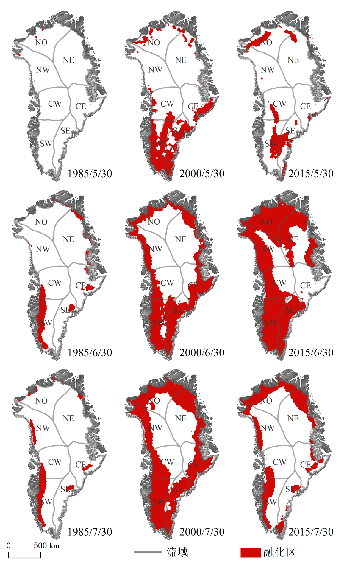 Greenland ice sheet surface melting 0.05 ˚ Daily data sets (1985, 2000, 2015)