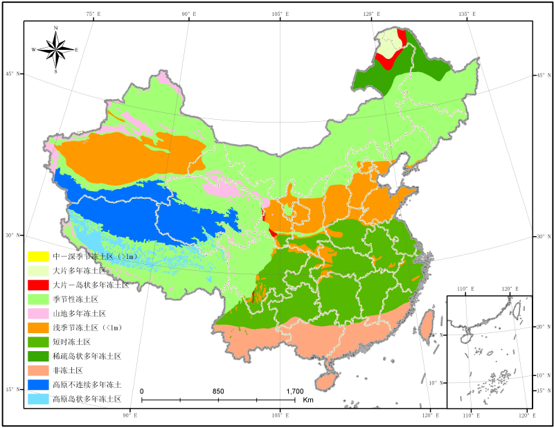 Map of snow, ice, and frozen ground in China (1988)